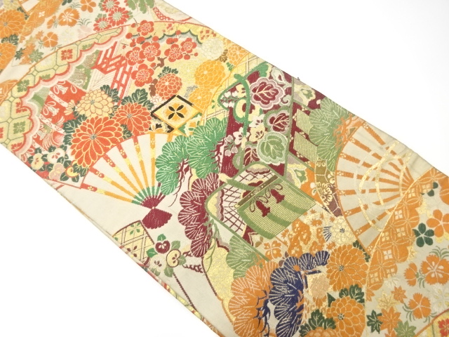 JAPANESE KIMONO / ANTIQUE MARU OBI / WOVEN CARRIAGE & FLOWER